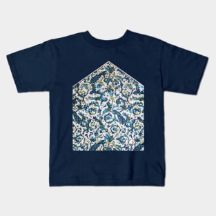 FLORENTINE RENAISSANCE FLOWERS Peacocks ,Butterflies.Blue Floral Swirls, Leaves Kids T-Shirt